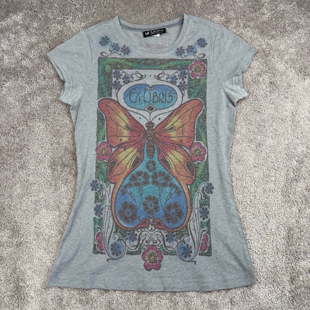 Self Esteem Ex Libris Butterfly Graphic T-Shirt Gray Size M Y2k Indie Fairy